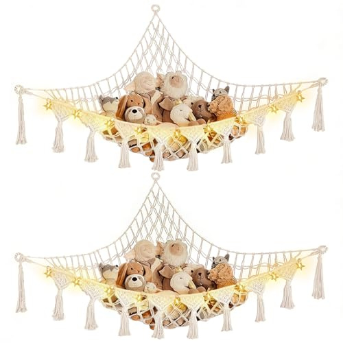 2Pack Teddy Hammock, 105 x 145cm Corner Weaving Toy Hammock, Animals Teddy Net with 2pcs Light String(2m*2m), Boho for Baby Room Decor, Kids Bedroom, Playroom