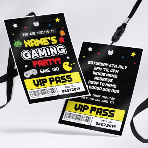MJ DESIGN & PRINT Personalised Retro Gaming Party Invitations Lanyard Passes, Birthday, Kids, Gamer, Game, Black
