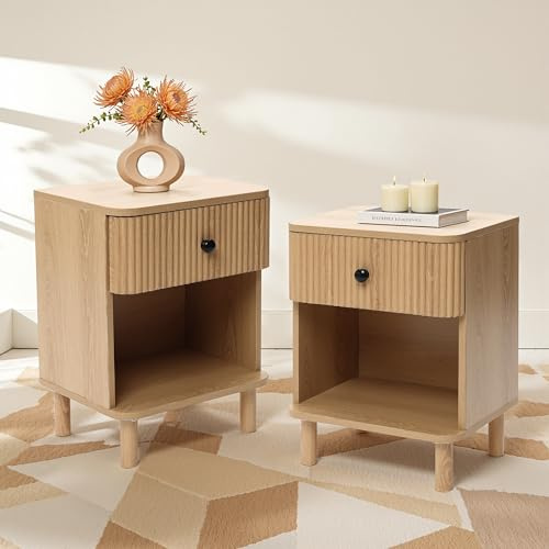 Hometopia Nachttisch 2er Set, Skandinavischer Nachtschrank mit Schublade & offenem Fach, Beistelltisch in Eichenoptik mit geriffelter Front, für Schlafzimmer & Wohnzimmer, 40 × 30 × 53 cm