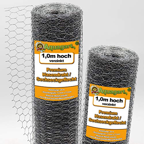 Aquagart Maschendrahtzaun Sechseckgeflecht verzinkt I Hühnerzaun Kaninchendraht Hasengitter feinmaschig 13 x 13 mm I 6-Eck Drahtgeflecht 0,7 mm Hasendraht (100cm hoch, 40m)