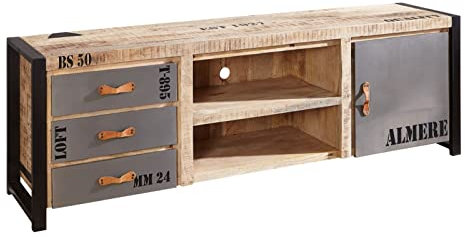 Meuble TV 200x45cm - Bois Massif de manguier Brut - Fer et Bois imprimé - Factory #133