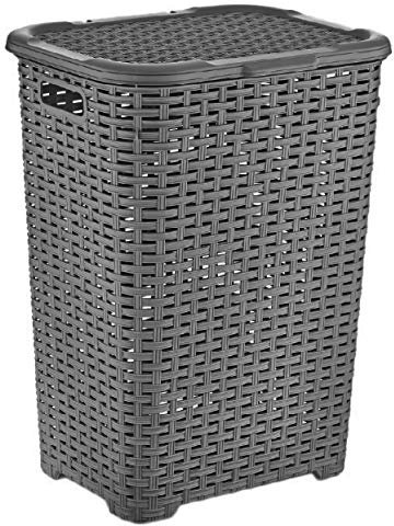 Muddy Hands 60 Litre Plastic Laundry Basket with Lid Large Rattan Washing Clothes Storage Hamper Bin (Grey)