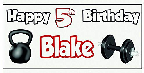 Personalisierbares Gym Gewichte Workout Happy 5th Birthday Banner – Poster – Party-Dekorationen – Sohn – Enkel – Jungen – Tochter – Mädchen – Enkelin – jeder Name (2 Stück)