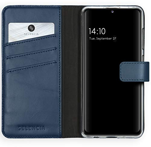 SELENCIA Bookcase Hülle kompatibel mit Samsung Galaxy A41 – Era Leder Handytasche Side Flip Case – Handyhülle aus Rindsleder in Blau [3 Kartenfächer, Magnetverschluss]