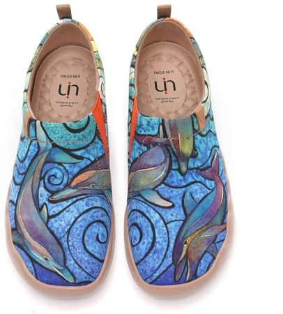 UIN Porpoise Damen Wanderschuhe Bemalte Delfin Slip On Schuhe Leicht Sneaker Schlupfschuh Gemütlich Reise Schuhe Canvas Blau（40）