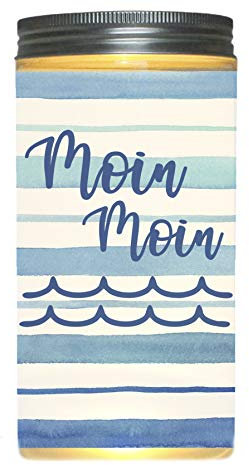 WB wohn trends LED-Licht Moin Moin maritim blau-weiß, rundum Druck 14x7cm Dose mit Deckel Leuchte LED-Lampe Text Spruch