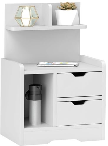 HOMCOM Nachttisch, Beistelltisch mit 2 Schubladen, offenes Fach, Nachtschrank, Nachtkommode für Schlafzimmer, Wohnzimmer, Weiß, 40 x 30 x 60 cm