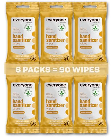 Everyone Hand Sanitizer Wipes, 15 Wipes (Pack of 6), Coconut and Lemon, Made with Sugarcane Derived Alcohol with Essential Oils, TSA friendly