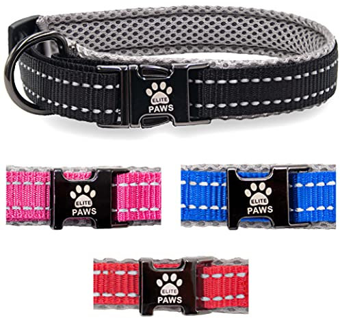 Elite Paws Premium Hundehalsband, haltbare schwarze Metallschnalle, starkes Nylon mit weichem, atmungsaktivem Mesh-Pad, reflektierende Nähte, kleine/mittel/große Hunde (25-30 cm, schwarz/grau)