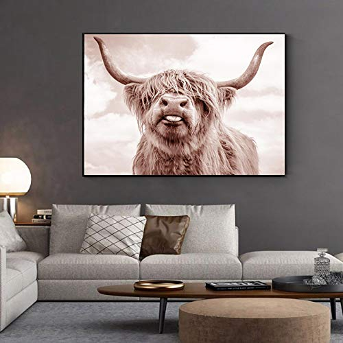 Yooyu Highland Cow Poster Rinder Leinwand Malerei Wandbilder Modern Fashion Poster und Drucke für Wohnzimmer Dekoration 70x90cm Rahmenlos
