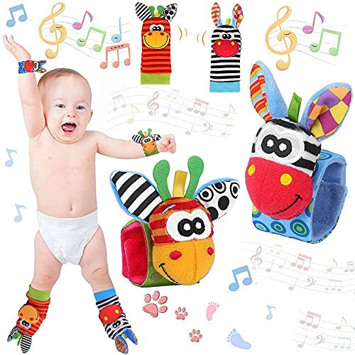 Bébé Poignet et Chaussettes Hochet chaussettes pour Nouveau-né en Peluche Mignonnes Activité d'éveil Développement Sensoriel des Tout-petits 4 PCS