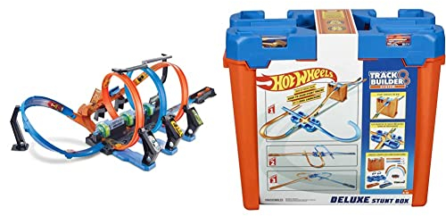 Hot Wheels FTB65 - Action Korkenzieher Crash Trackset und Rennbahn mit 3 Loopings und Beschleuniger für Spielzeugautos & GGP93 - Track Builder Mega Stunt Box mit Tracksets und Zubehör inkl. 2 Autos