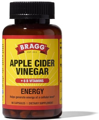 Bragg Energy Apple Cider Vinegar Capsules with B-12 Vitamins - 90 Capsules - Weight Management - Non-GMO, Vegan, Gluten Free, No Sugar - Helps Generate Energy at Cellular Level for Men and Women