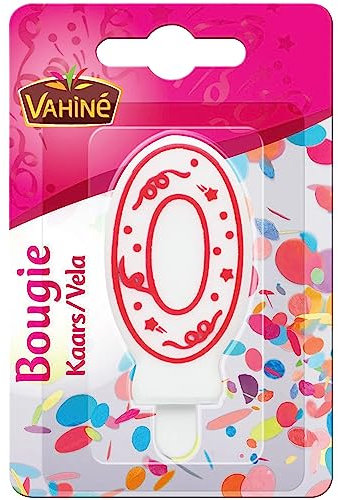 Vahine - Vela Decorativa Número 0 - 1 Unidad - Blanco con Rojo - Cumpleaños - Diseño en Forma de Número 0 - Fiesta - Indoor