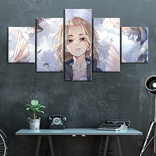 Wondbeau Leinwanddrucke Modulare Wandkunst Wandaufkleber 5 Teiliges Wandbild Druck auf Leinwand Malerei Moderne Abstrakte Poster Mit Rahmen XL/200cm×100cm Anime Tokyo Revengers