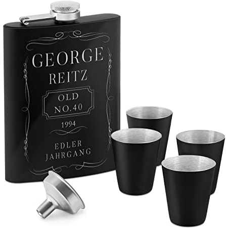 Maverton Flachmann Set 200 ml mit Gravur - Taschenflasche + 4 Schnapsgläsern 20 ml mit Trichter - Brustflasche für Männer - Farbe: mattschwarz - Alter