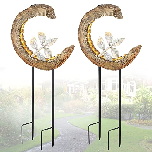 bmf-versand® Solarlampe für Außen Stehend Mond 2er Set – Solarleuchte Garten in Holzoptik – Außenleuchte Gartenlampe LED – Leuchte Solar Aussenlampe IP 44 Halbmond Erdspitz