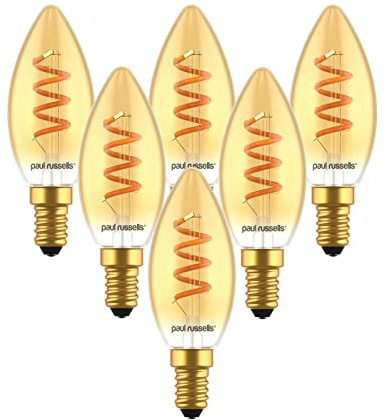 paul russells Spiral Filament LED Candle Small Edison Screw E14 2.5W Vintage Light - Replace 15W Extra Warm White 1800K SES C35 Amber Retro Style Decorative Non-Dimmable Bulbs No Flicker - 6 Pack
