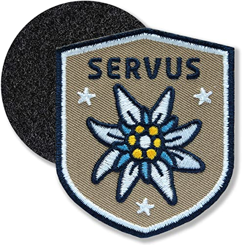 Klettpatch - Edelweiss Patch gestickt 51 x 60 mm/Klett-Patch Patches Abzeichen Stickerei mit Klett für Kleidung Rucksack Tasche Tracht Loden/Club of Heroes (Braun)
