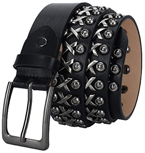 YOPADO Punk Schwarze Nietengürtel Leder Goth Style Gürtel Mit Hohl Dornschließe 3 Reihen Hellen Nieten Ledergürtel Für Damen/Herren Zubehör Für Jeanshosen(105cm/waist:34~36, Studded~A)