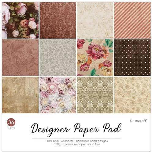 Desecraft Vintage Flora 30,5 x 30,5 cm doppelseitiger Papierblock Pack Scrapbook Cardstock Dekorpapier – 36 Blatt – für Kartenherstellung, Tagebuch, Planer, Origami, Decopage, dekoratives