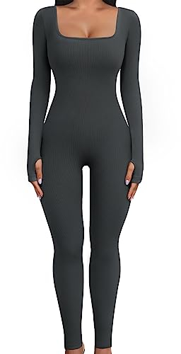 Yuson Girl Jumpsuit Damen Lang Sport Yoga Bodysuit Overall Stretch Jumpsuits Eng Quadratischer Hals Langarm Jumpsuit Einteiligem Workout Playsuits Sportkleidung Frauen Set(Grau, S)