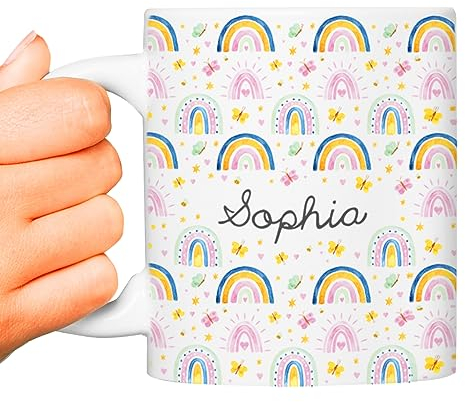 Transparent Gift Taza Personalizada con Nombre Infantil Arcoíris. Regalos Originales para Niños y Niñas. Tazas Infantiles de Plástico. Regalos de Vuelta al Cole y Cumpleaños. Tazas Desayuno y Merienda