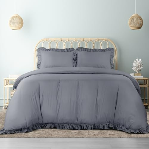 Utopia Bedding Rüsche Bettwäsche 200x200 Set - Mikrofaser Bettbezug 200x200 cm + 2 Kissenbezüge 50x75 cm - Grau