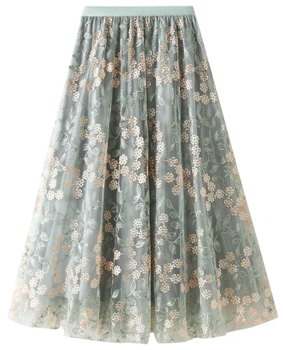 Odizli Tüllrock Damen Lang Sommer Elegant Vintage Blume Stickerei Elastisch High Waist A Linie Swing Rock Plisseerock Faltenrock Midirock Frauen Festlich Fee Tutu Röcke Grün-C Einheitsgröße