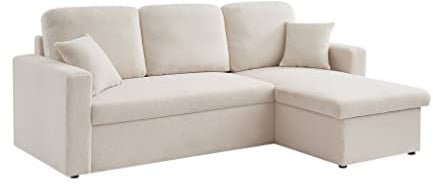 Alice's Home - Ecksofa mit weißem Bouclé Stoff - IDA - 3-Sitzer, umkehrbarer Ecksessel, Teddystoff, Stauraum für Bettzeug