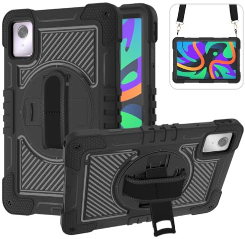 YOUULAR Tablet Hülle für Lenovo Tab M11/Lenovo Tab K11/TB-331FC 2024 11.0 inch, Stoßfeste Tablet-Hülle mit um 360° drehbarem Ständer und Handschlaufe, Schultergurt, Komplett schwarz