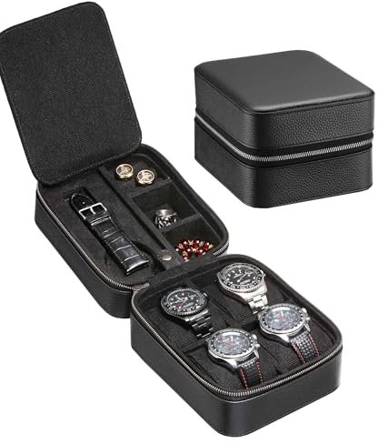 SYENS Reiseetui für 5 Uhren, Aufbewahrungs-Organizer mit Fach für Uhrenarmband/Schmuck/Werkzeuge, Tragebox für Uhren aus genarbtem Echtleder mit Reißverschluss (Schwarz)