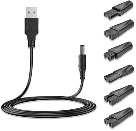 7 Pcs 5V USB One Blade Shaver Charger Cable, Charging Cable Replacement, Shaver Charger Kit, Multi-Compatible Charging Set for Electric Shavers Clippers, Adapter Heads, USB Powered Portable Design