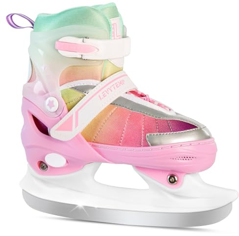 LEVYTEMP Adjustable Ice Skates for Kids Girls Boys - Gradient Pink Rainbow Youth Ice Skating Shoes - Sizes Small Ages 5-8 - Ice Skates for Outdoor and Rink