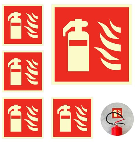 Feuerlöscher Schild Brandschutzzeichen - Schild Feuerlöscher, Brandschutzschild Aufkleber, Langnachleuchtend 15x15 cm PVC Nachleuchtend Selbstklebende, für feuerlöscher für Zuhause, Auto, Büro 5 Stk