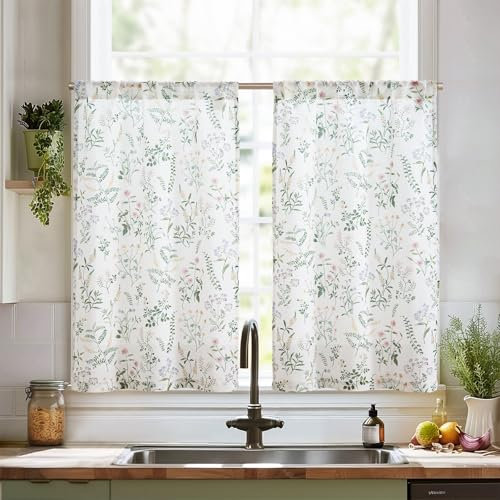 TOPICK Sage Green Linen Blend Floral Kitchen Curtains 36 Inch Drop Small Cafe Curtains Light Filtering Botanic Short Curtain Tiers for Bathroom Sink Rod Pocket 2 Panels