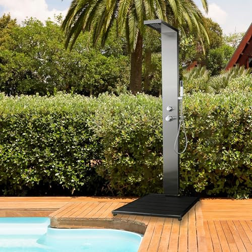 Probility Gartendusche aus Edelstahl 304 mit WPC-Grundplatte, mit Handbrause und Kopfbrause, geeignet für Außengärten und Schwimmbäder außendusche garten