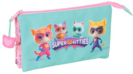 safta Superkitties Federmäppchen für Kinder, ideal für Kinder im Schulalter, bequem und vielseitig, Qualität und Widerstandsfähigkeit, 22 x 3 x 12 cm, Hellrosa/Pastelltürkis, M, Casual