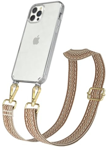 EAZY CASE Handykette - Verstellbares Taschenband kompatibel mit iPhone 12/12 Pro, Schulterriemen, Handykordel mit Silikon Hülle, Umhängetasche, Beige Braun Gold