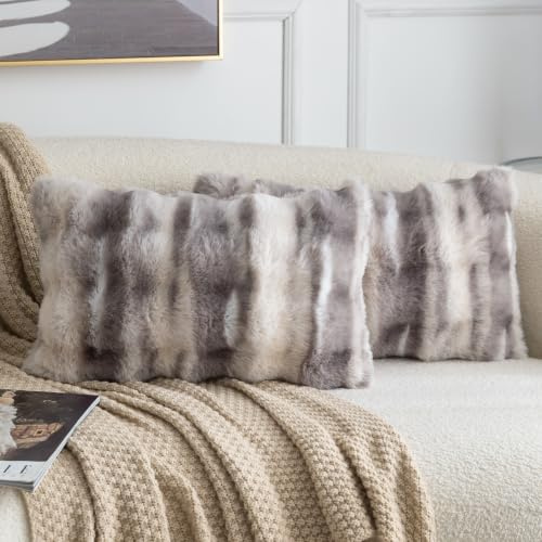 Madizz 2er Set Sanft Plüsch Kurze Wolle Samt Dekorativ Zierkissenbezüge Luxus Stil Kissenbezug für Sofa für Schlafzimmer Grau Taupe 30x50 cm