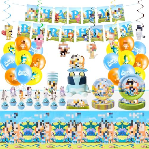 Birthday Party Decorations, 101PCS Kids Party Tableware Set Birthday Party Supplies Cartoon Dog Party for Kids Banner Blue Balloons Cake Topper Hanging Swirls Tablecloth Paper Cups Napkins