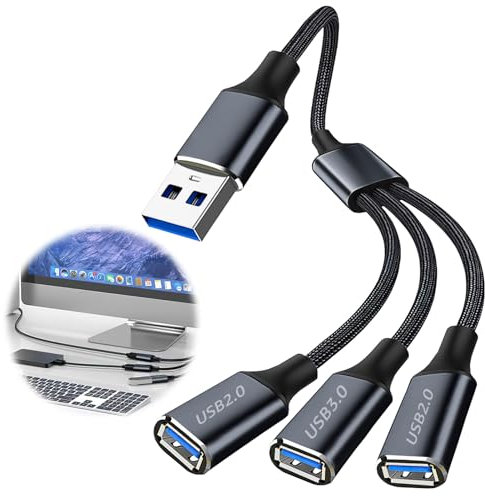 USB Splitter 3 Port 1 in 3 Out Male to Female Adapter 1x USB 3.0 2x USB 2.0 Extension Cable Hub for Multi-function Charging Data Transfer Laptop PC Mac PS4 PS5 TV Keyboard Mouse Printer Port Splitter