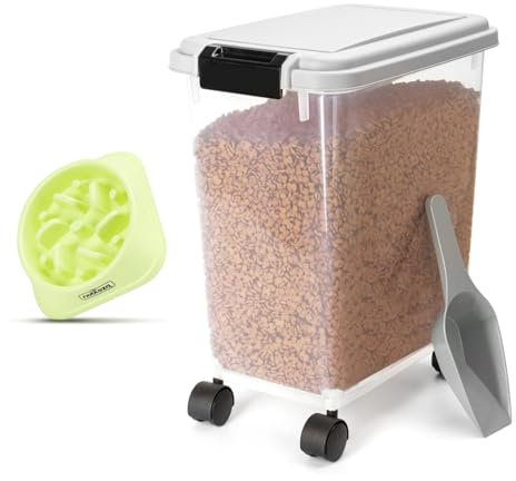 Nobleza - Contenedor de Comida para Mascotas 20L, Mascotas Caja de Alimentos con Ruedas, Tapa abatible, hermética, Transparente, Ruedas y Pala, con un tazón de Comida Lenta, para Perros y Gatos, Gris
