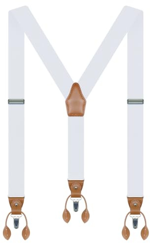 Generisch Hosenträger Herren Breit 35mm Hosenträger Herren Extra Stark Elastisch mit Umwandelbar Abnehmbar 3 Clips 6 Stück Leder Knopfloch Einstellbar Läng Suspenders Men Y-form Weiß