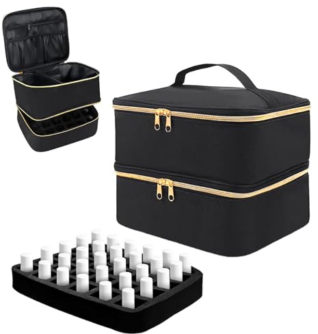 Nagellack Organizer Tasche, Nagellack Aufbewahrung, Doppelschicht Nagellack Aufbewahrung Box, Nagellackaufbewarung, Make Tasche für Frauen, Kosmetiktasche für 30 Flaschen Base (Grau) (Schwarz)