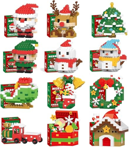 Santa Claus Design Building Blocks Set, 12 Pack Christmas Theme Building Blocks Ornaments, Mini Building Figures, 2026 New Year Birthday Gifts, Party Favors, Christmas Tree