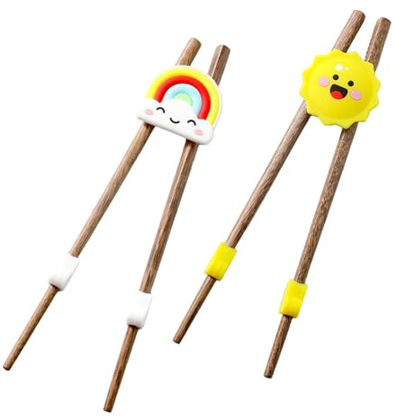 2 Pairs Chopsticks, Wooden Training Chopsticks for Beginners, Easy to Use Reusable Chopstick Helper, Right or Left Hand, Heat-Resistant, Automatic Rebound, Yellow Sun Clouds