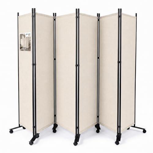 VOUNOT® Paravent Raumteiler 6 Teilig auf Rollen Freistehend Stoff Trennwand Klappbar Sichtschutz Stellwand für Balkon Wohnzimmer Schlafzimmer und Büro 340 x 30 x 171 cm Beige