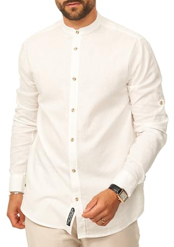 behype. Herren Leinenhemd als Langarmhemd - Freizeithemd im Regular-Fit mit Stehkragen Sommerhemd - Strandhemd im Sommer-Look für Männer