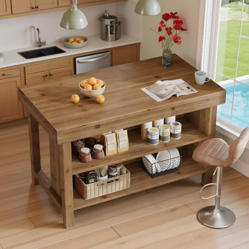 TRIBEWOOD Massivholz Kücheninsel 140 cm, Landhaus-Theke mit 3 offenen Regalen, große Arbeitsplatte in Natur Eiche, vielseitiger Standtisch für Küche, Esszimmer & Wohnzimmer